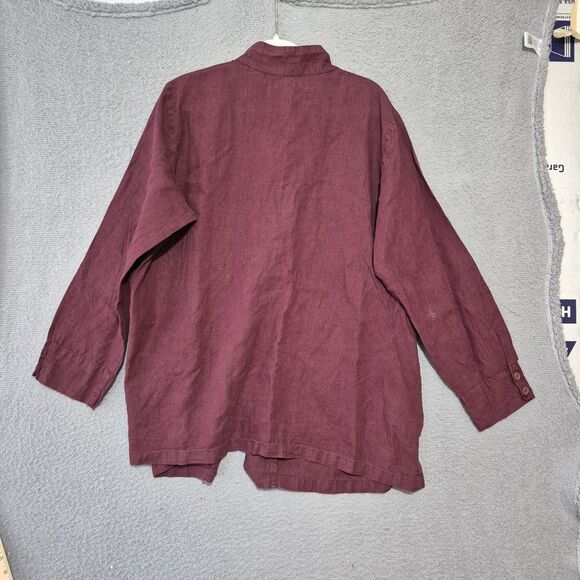 Flax Women's Burgundy Linen Button Up Long Sleeve High Neck Tunic Top L - Picture 2 of 8
